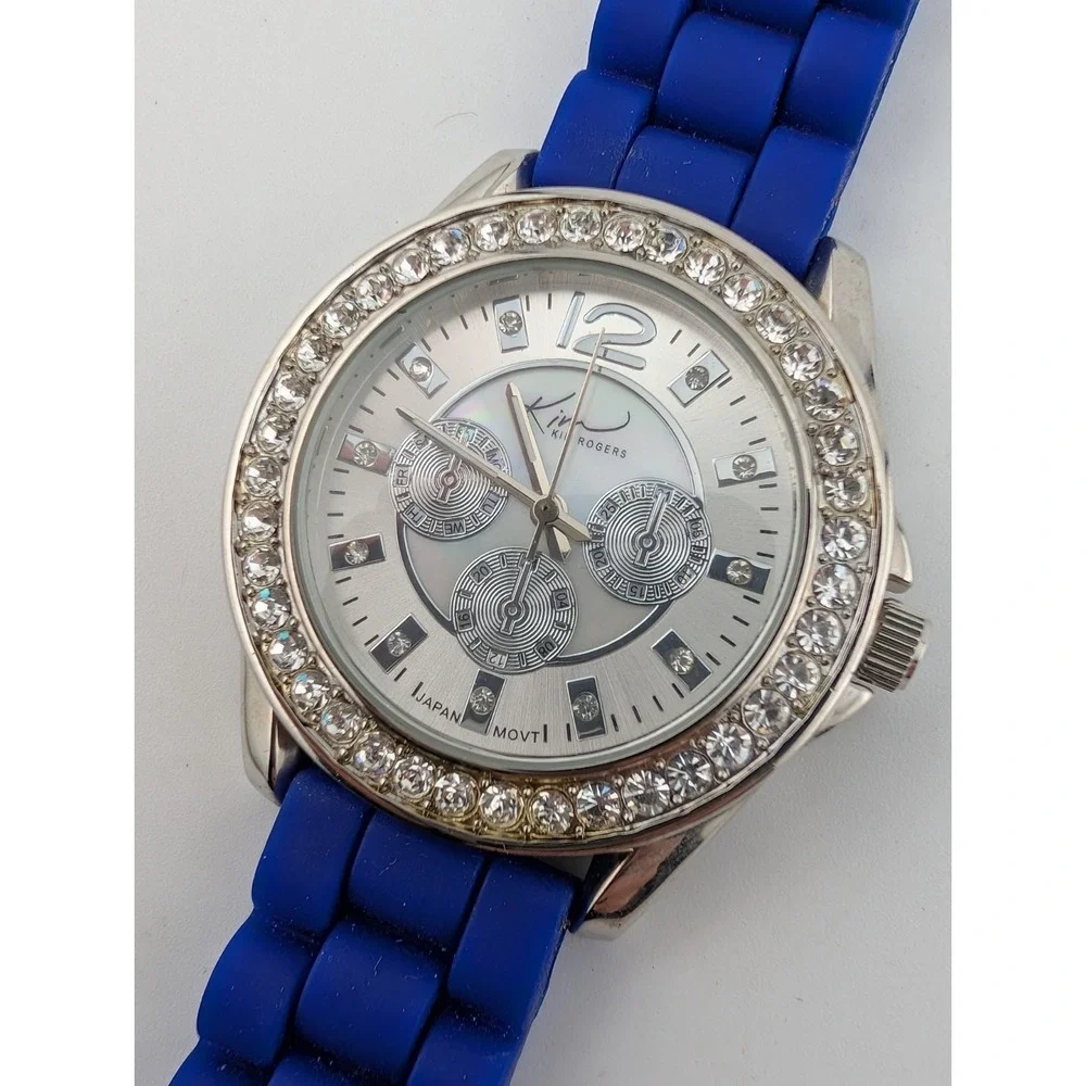 Kim Rogers Watch Round 39mm Pave Rhinestone Blue Silicone Band- New Battery